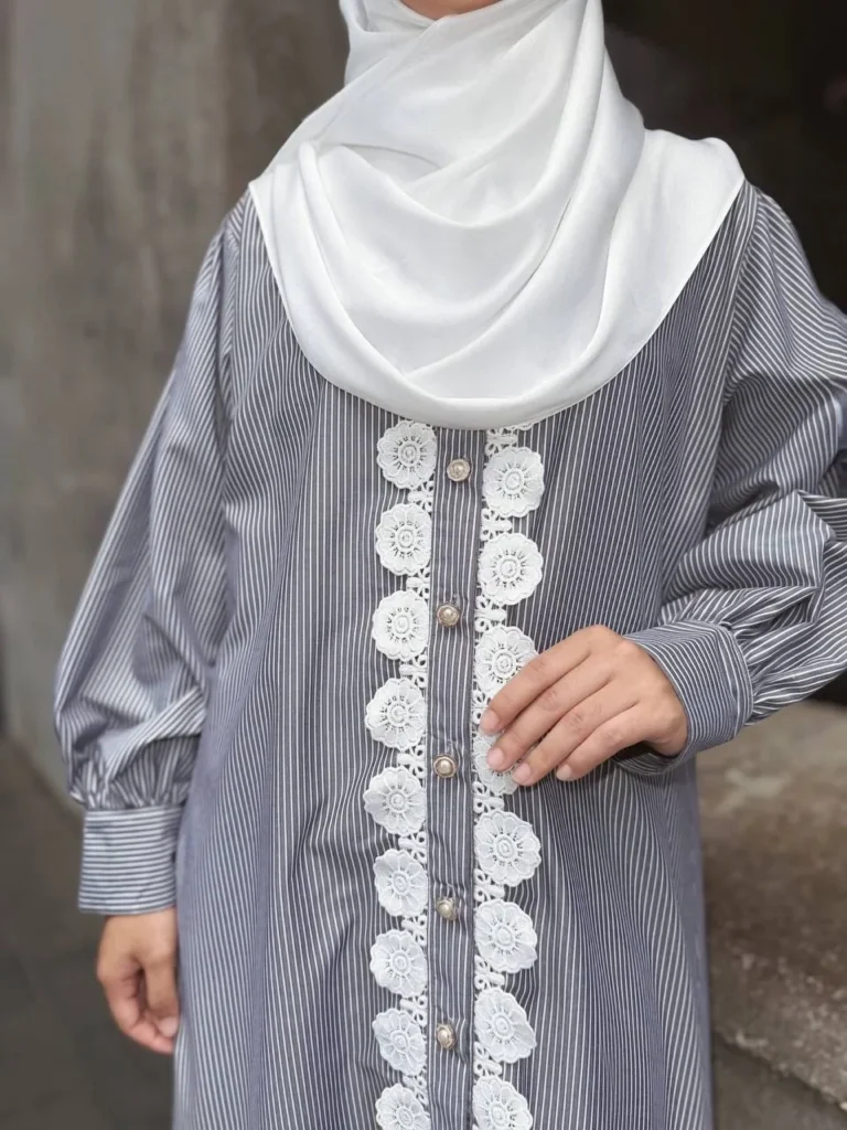 Moona Dress in pinstripe cotton poplin with full lace front and ruffle hem